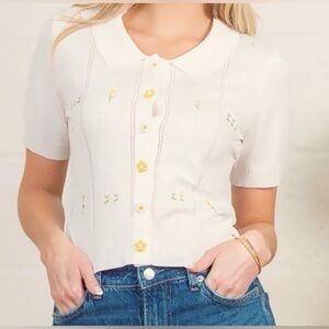 TAELYNN White Floral Embroidered knit top button down in various sizes NWT